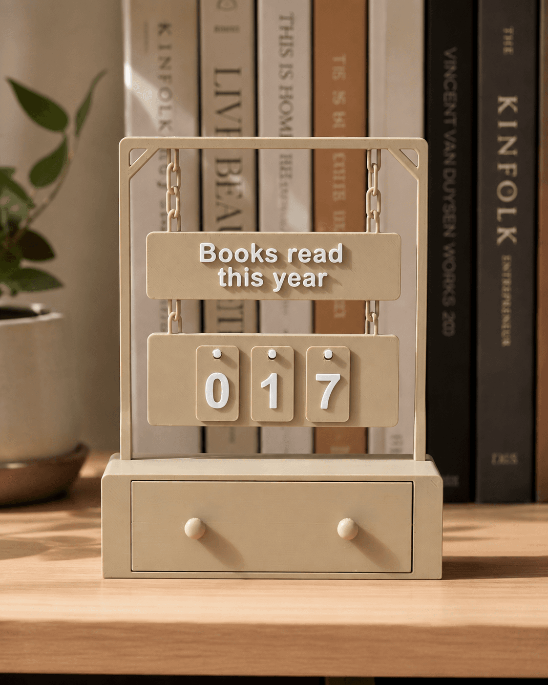 عداد قراءة الكتب السنوي – ديكور مكتبي أنيق مع عداد قابل للتغيير ودرج لحفظ الأرقام | مطبوع بتقنية 3D